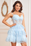 Sparkly Dark Blue Corset Robe courte à plusieurs niveaux avec dentelle