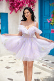 Lavande Hors de l'épaule Ruffles Tulle Cocktail Robe avec broderie