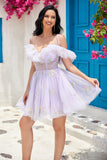 Lavande Hors de l'épaule Ruffles Tulle Cocktail Robe avec broderie