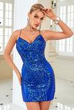 Gaine Spaghetti Sangles Bleu Royal Paillettes Robe Courte Rentrée