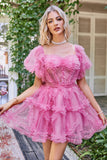 Tulle bleu de l’épaule robe courte de retour