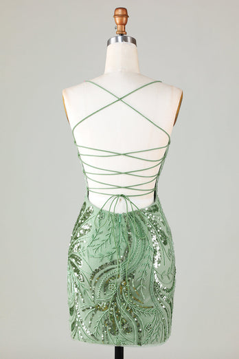Robe courte de bal à bretelles spaghetti vert scintillant avec dos croisé