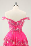 Jolie robe de cocktail courte en dentelle rose vif scintillante avec corset en dentelle