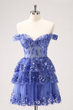 Robe de soirée à volants bleu foncé avec corset à épaules dénudées et paillettes