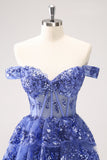 Robe de soirée à volants bleu foncé avec corset à épaules dénudées et paillettes