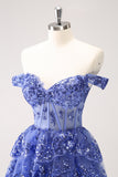 Robe de soirée à volants bleu foncé avec corset à épaules dénudées et paillettes