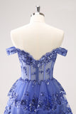 Robe de soirée à volants bleu foncé avec corset à épaules dénudées et paillettes