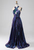 Charger l&#39;image dans la galerie, Superbe une ligne dos nu col violet longue robe de soirée avec trou de serrure fendu devant