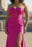 Corset sirène en satin sans bretelles fuchsia longue robe de bal taille PLus avec fente