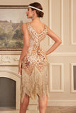 Robe abricot scintillante Gatsby des années 1920 avec paillettes et franges