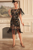 Fourreau doré noir des années 1920 Great Gatsby Sequin Fringe Flapper Dress with Sleeve