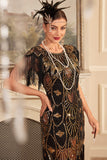 Fourreau doré noir des années 1920 Great Gatsby Sequin Fringe Flapper Dress with Sleeve