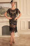 Fourreau doré noir des années 1920 Great Gatsby Sequin Fringe Flapper Dress with Sleeve