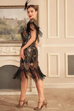 Fourreau doré noir des années 1920 Great Gatsby Sequin Fringe Flapper Dress with Sleeve