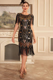 Fourreau doré noir des années 1920 Great Gatsby Sequin Fringe Flapper Dress with Sleeve