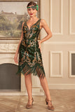 Vert doré paillettes fourreau des années 1920 Great Gatsby Sequin Fringe Flapper Dress