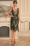 Vert doré paillettes fourreau des années 1920 Great Gatsby Sequin Fringe Flapper Dress