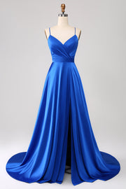 Robe de bal en satin bleu royal à bretelles spaghetti avec fente