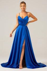 Robe de soirée en satin bleu royal à bretelles spaghetti avec fente