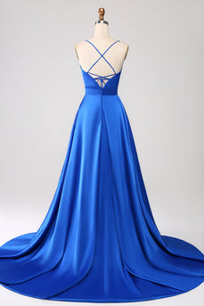Robe de bal en satin bleu royal à bretelles spaghetti avec fente