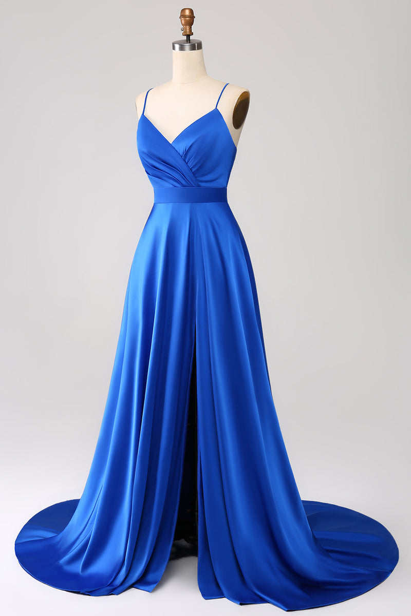 Charger l&#39;image dans la galerie, Robe de bal en satin bleu royal à bretelles spaghetti avec fente