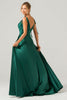 Charger l&#39;image dans la galerie, Vert foncé A-ligne Spaghetti Bretelles froncé Longue robe de demoiselle d’honneur avec fente
