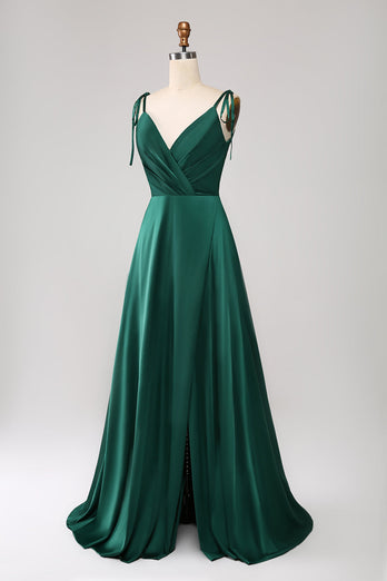 Simple vert foncé bretelles spaghetti froncé robe de bal avec fente