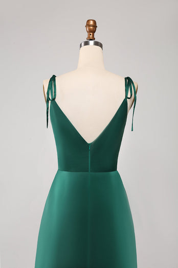 Simple vert foncé bretelles spaghetti froncé robe de bal avec fente