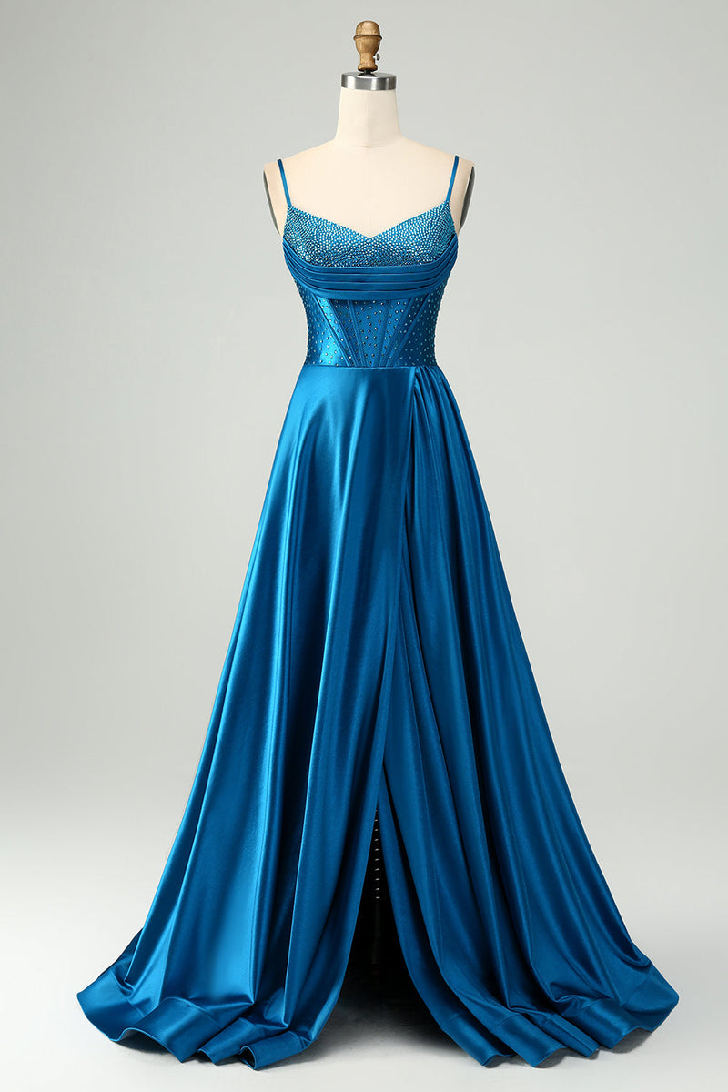 Charger l&#39;image dans la galerie, Robe de soirée longue perlée bleu foncé bleu foncé scintillante avec fente
