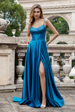 Robe de soirée longue perlée corset plissée bleu foncé scintillante avec fente