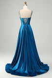 Robe de soirée longue perlée corset plissée bleu foncé scintillante avec fente