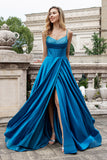 Robe de soirée longue perlée corset plissée bleu foncé scintillante avec fente