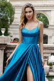 Robe de soirée longue perlée corset plissée bleu foncé scintillante avec fente