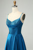 Charger l&#39;image dans la galerie, Robe de soirée longue perlée bleu foncé bleu foncé scintillante avec fente