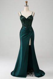 Robe de bal Corset plissée à paillettes sirène vert foncé scintillant avec fente