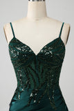 Robe de bal Corset plissée à paillettes sirène vert foncé scintillant avec fente