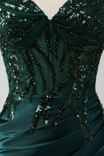 Robe de bal Corset plissée à paillettes sirène vert foncé scintillant avec fente