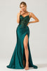 Charger l&#39;image dans la galerie, Brillant sirène vert foncé sequin plissé Corset longue robe de bal avec fente
