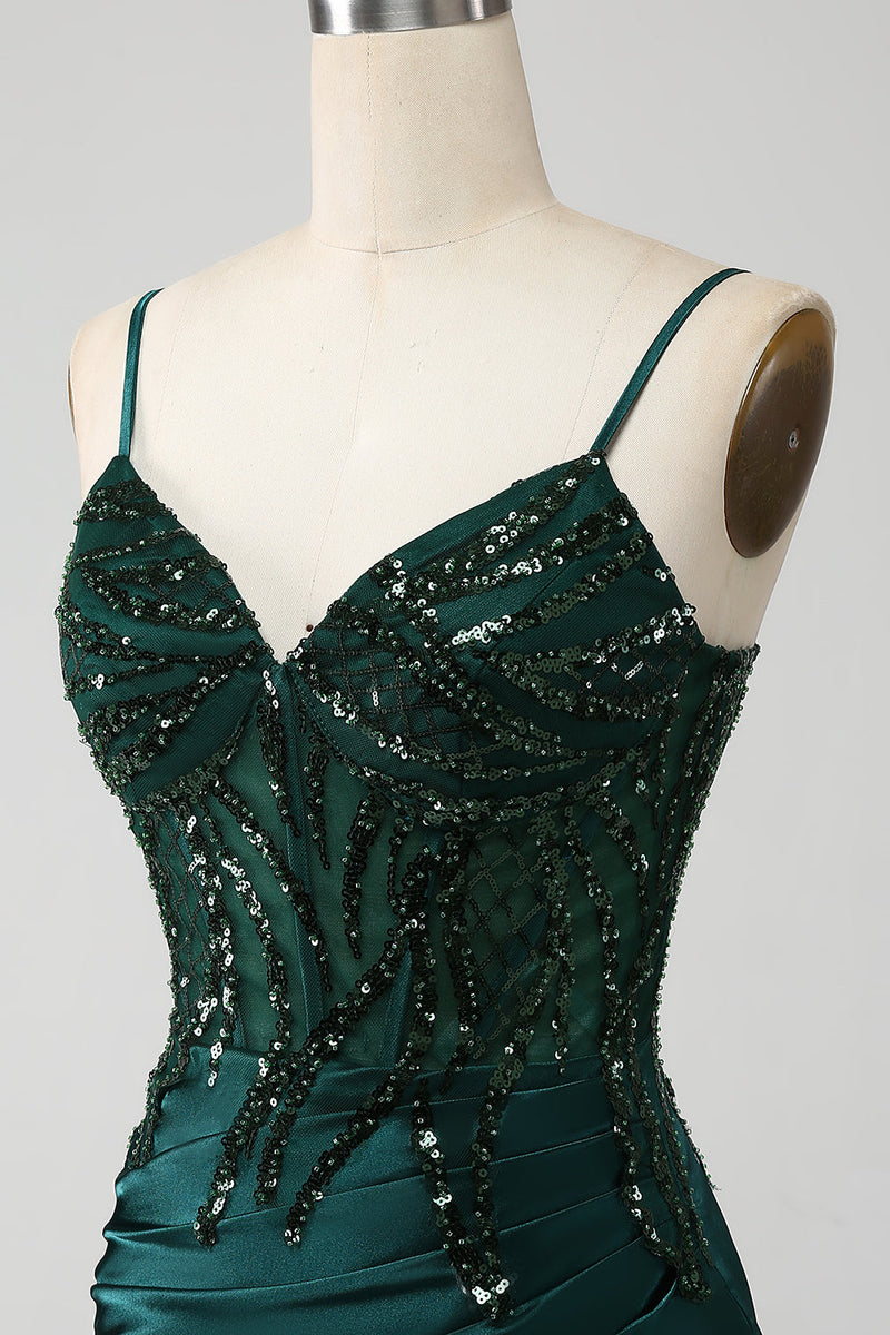 Charger l&#39;image dans la galerie, Robe de bal Corset plissée à paillettes sirène vert foncé scintillant avec fente