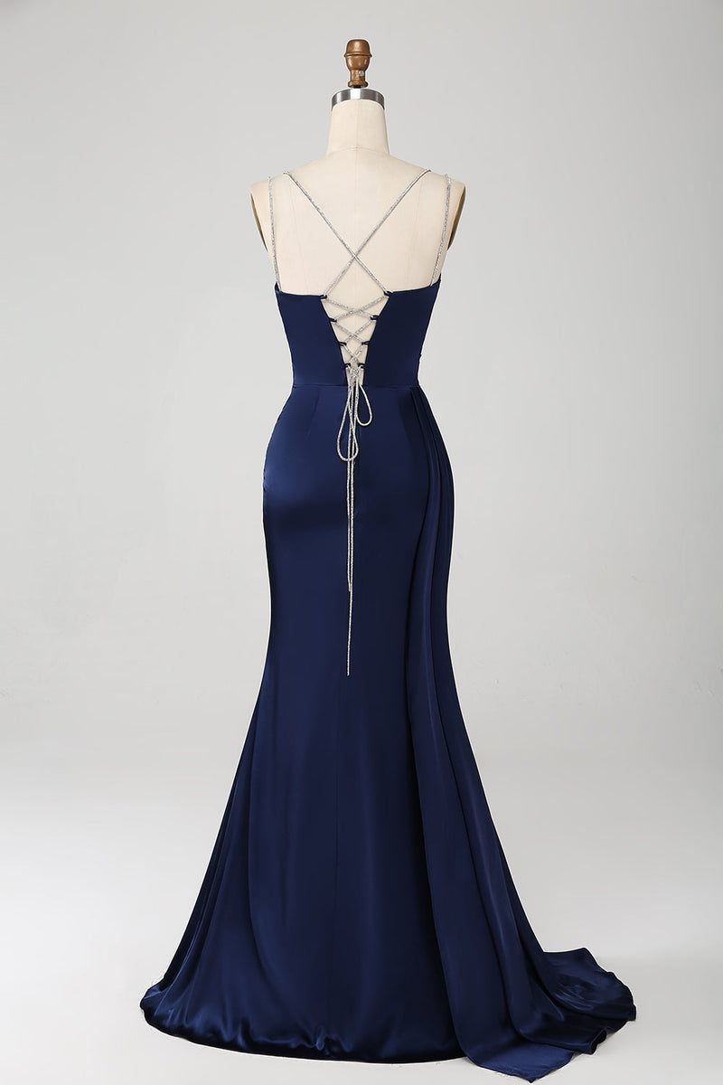 Charger l&#39;image dans la galerie, Robe de bal longue froncée sirène bleu marine avec fente