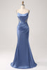 Charger l&#39;image dans la galerie, Sirène gris bleu Satin Spaghetti Bretelles Longue robe de Soirée