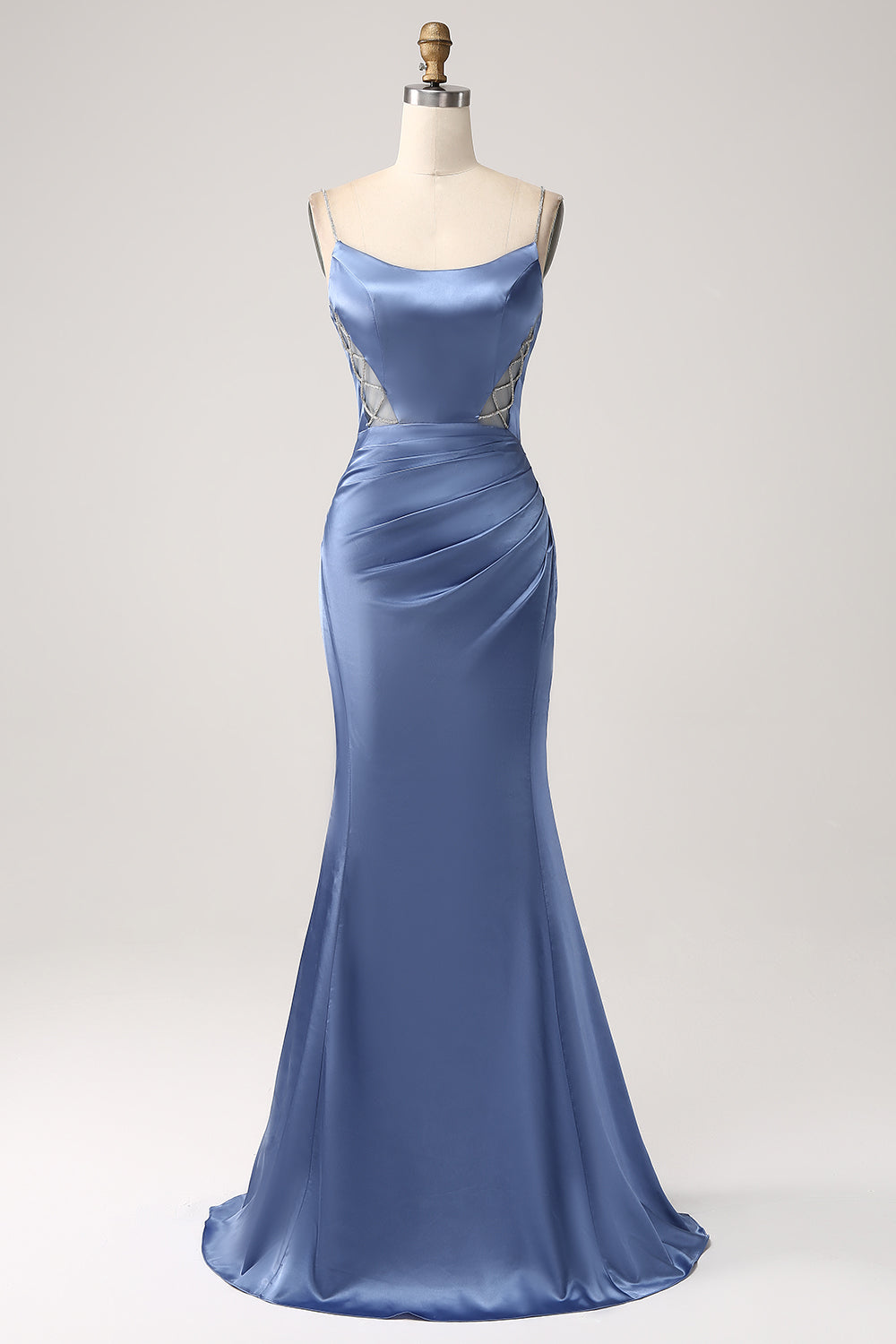 Sirène gris bleu Satin Spaghetti Bretelles Longue robe de Soirée