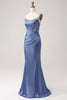 Charger l&#39;image dans la galerie, Sirène gris bleu Satin Spaghetti Bretelles Longue robe de Soirée