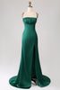 Charger l&#39;image dans la galerie, Robe de bal en satin à bretelles spaghetti sirène vert foncé avec plissée