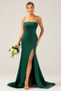 Charger l&#39;image dans la galerie, Sirène vert foncé bretelles spaghetti Satin longue robe de demoiselle d’honneur avec plissé