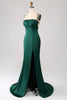 Charger l&#39;image dans la galerie, Robe de bal en satin à bretelles spaghetti sirène vert foncé avec plissée