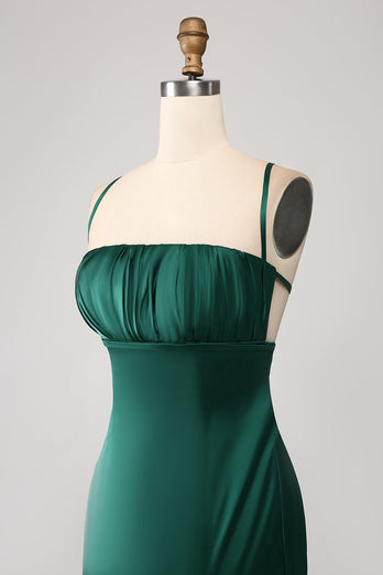 Robe de bal en satin à bretelles spaghetti sirène vert foncé avec plissée