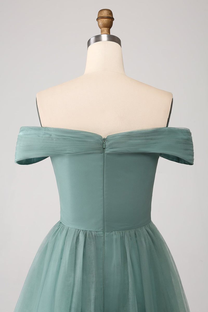 Charger l&#39;image dans la galerie, Gris vert une ligne hors de l’épaule à plusieurs niveaux Tulle robe de soirée