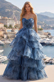 Robe de bal longue sans bretelles grise bleue brodée à plusieurs niveaux
