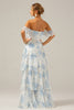 Charger l&#39;image dans la galerie, Robe longue de demoiselle d’honneur longue en mousseline de soie Boho Floral bleu blanc à volants